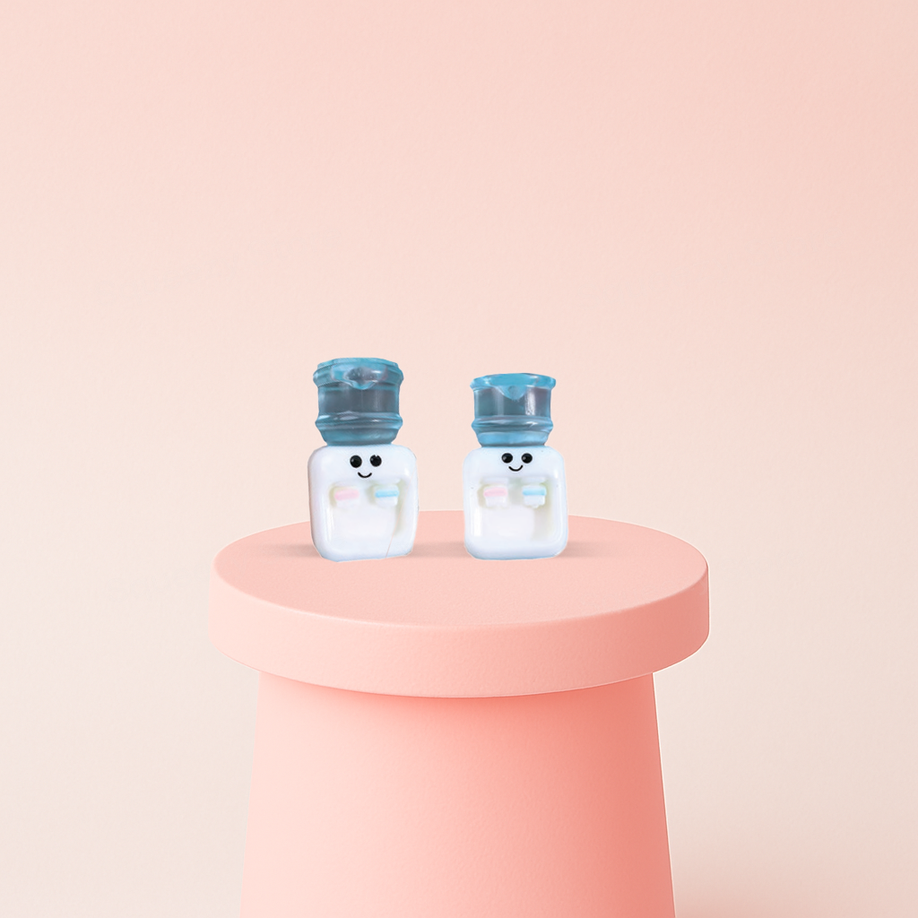 Water Dispenser Squishies shaped like smiling white water coolers with translucent blue bottles.