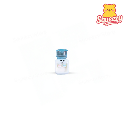 Water Dispenser Squishy cute stress relief toy shaped like a smiling water cooler with blue bottle and small cup.