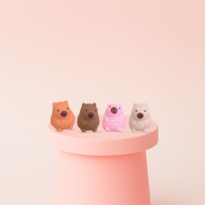 Water Splashing Capybara soft EVA stress relief toy in peach, brown, pink, and cream capybara designs.
