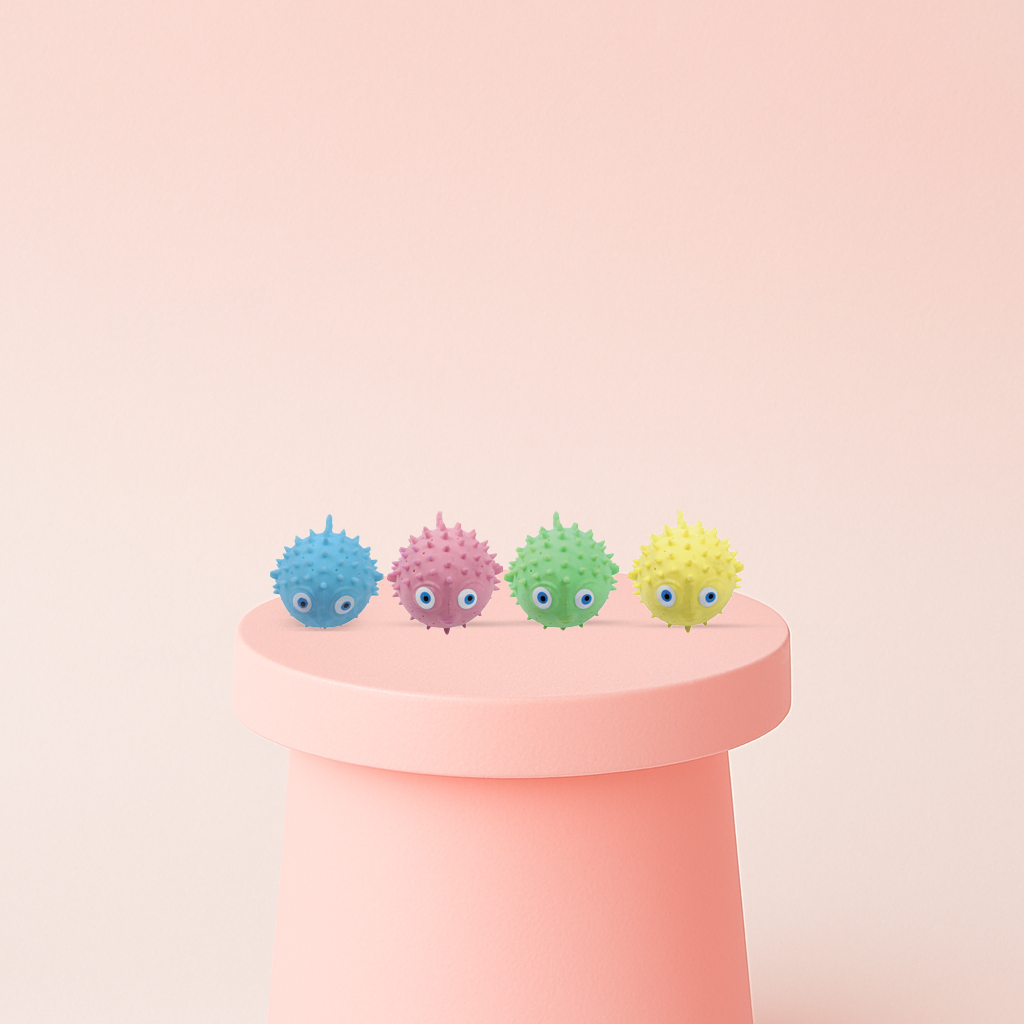 Water Splashing Fish soft EVA stress relief toy in blue, green, pink, and yellow pufferfish designs.