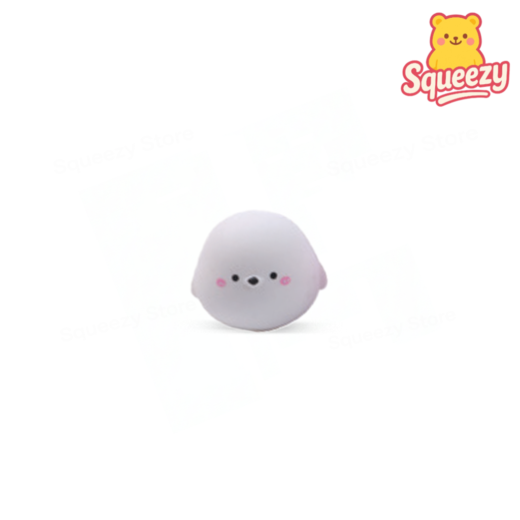 White squishy toy with black eyes and pink cheeks on a white background, featuring the brand 'Squeezy'.