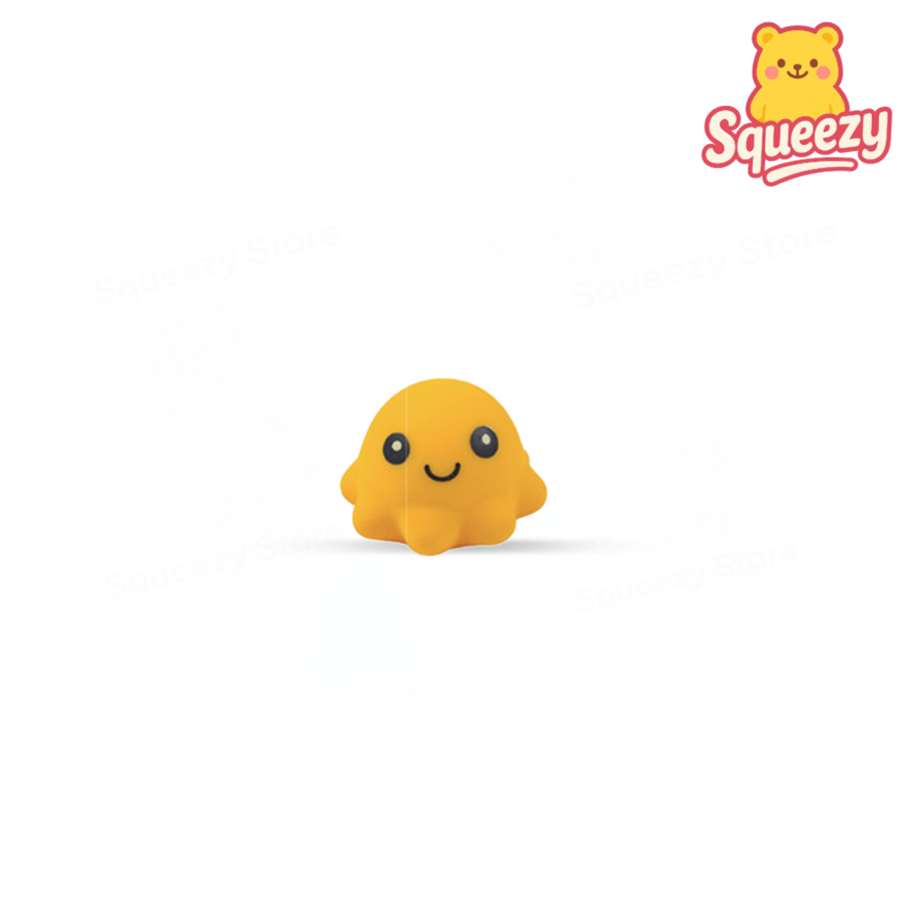 Yellow EVA Fat Octopus soft sensory toy with cute cartoon expression.