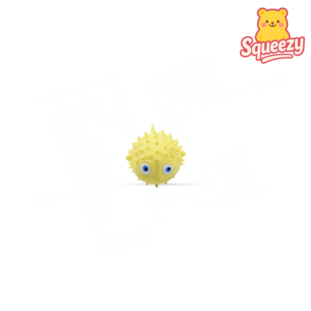 Yellow Water Splashing Fish soft stress relief toy with rounded pufferfish shape and soft spikes.