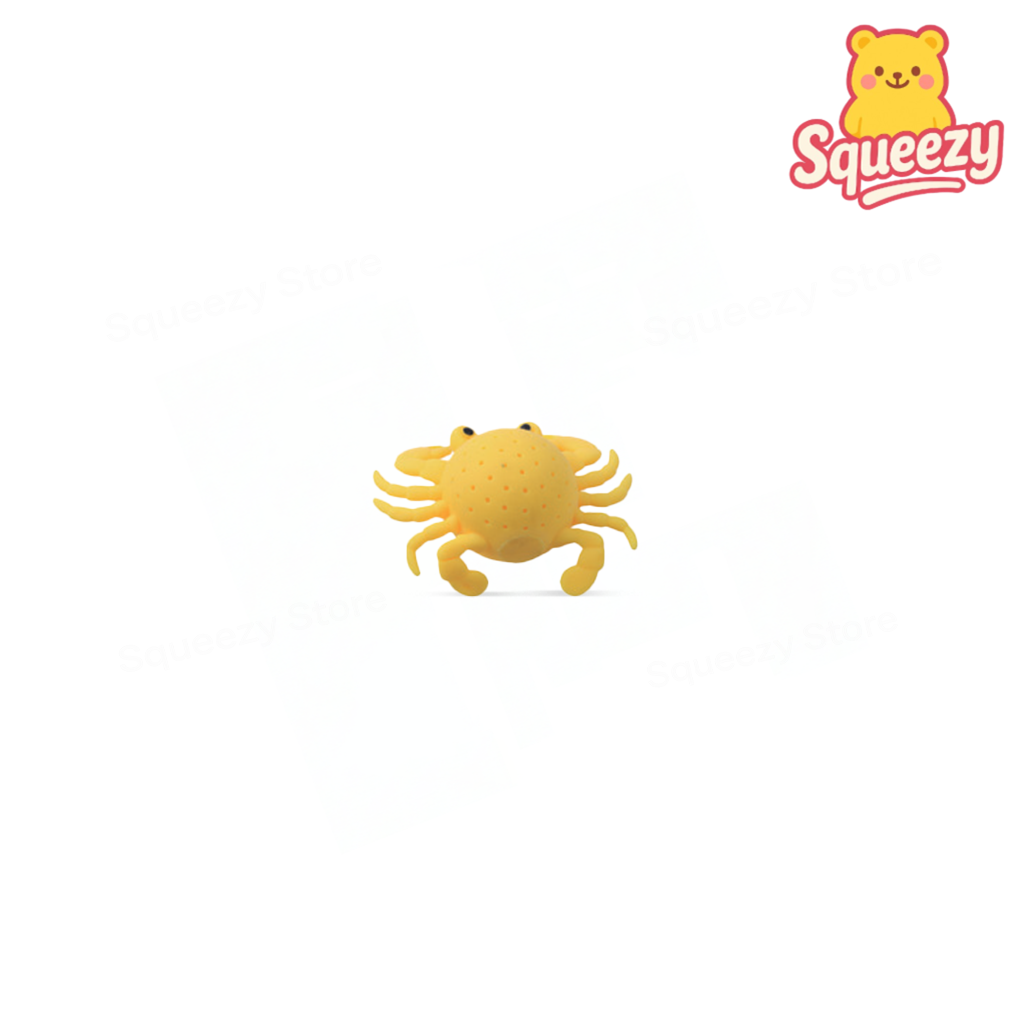 Yellow Water Splashing Crab soft EVA stress relief toy with round shell and cartoon crab design.