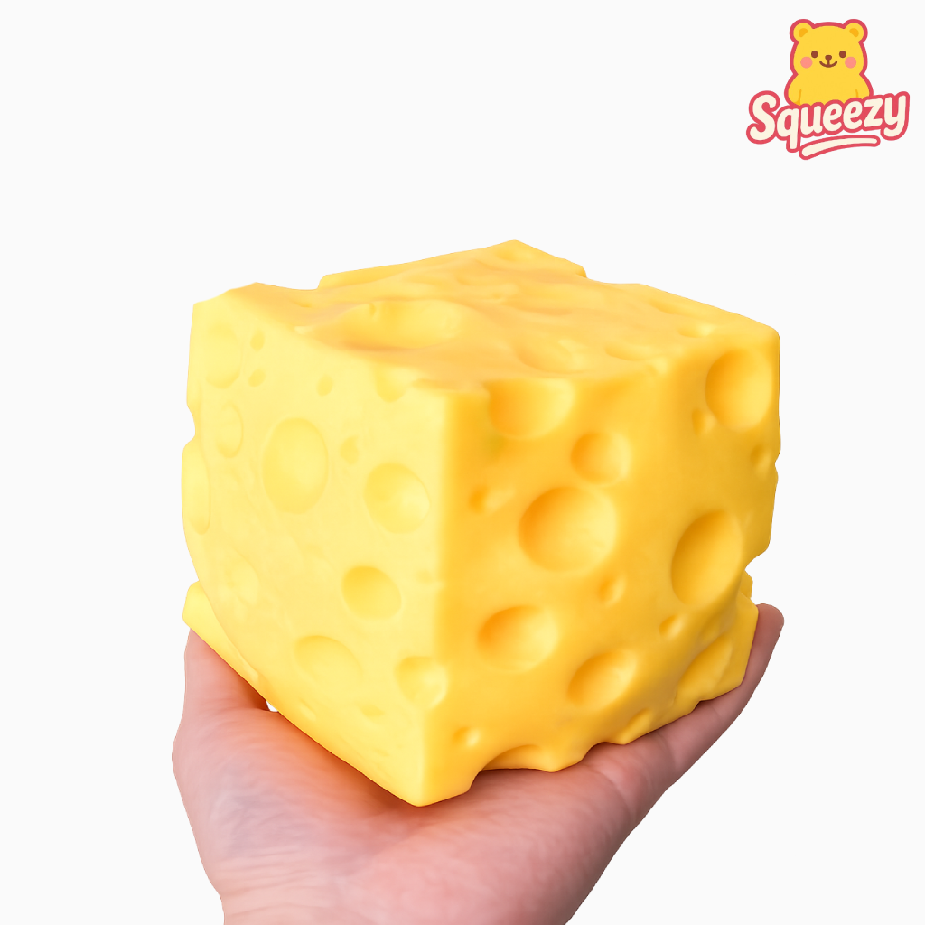 Hand holding the Cheese Squishy to show its oversized 10 cm cube design.